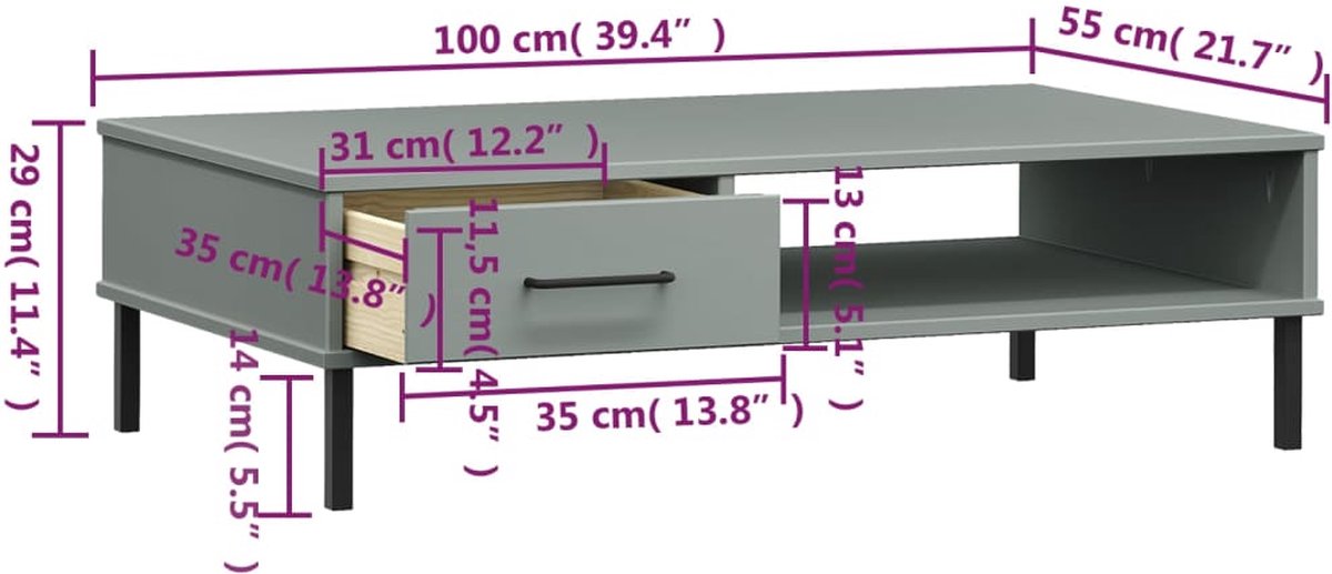 Vidaxl Salontafel Met Metalen Poten Oslo Massief Grenenhout - Grijs