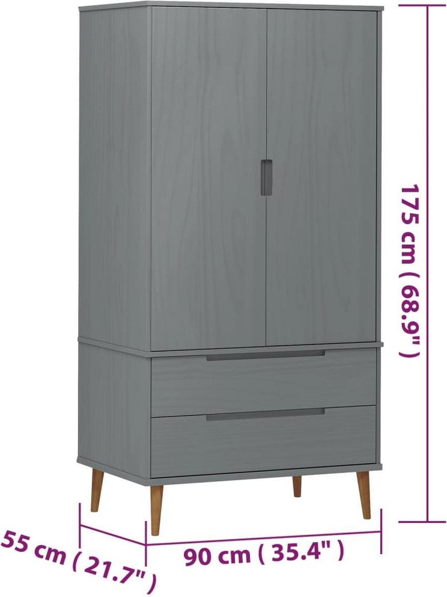 Vidaxl Kledingkast 90x55x175 Cm Massief Grenenhout - Grijs