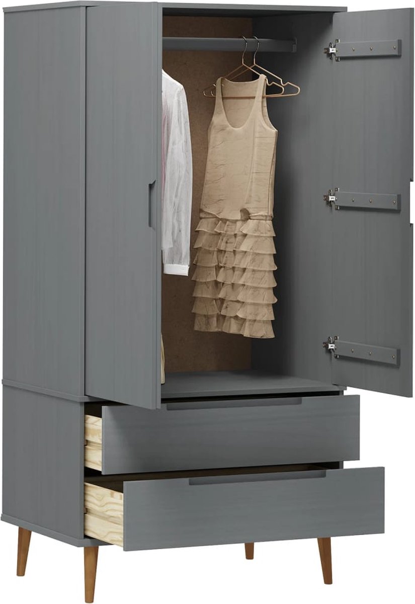 Vidaxl Kledingkast 90x55x175 Cm Massief Grenenhout - Grijs
