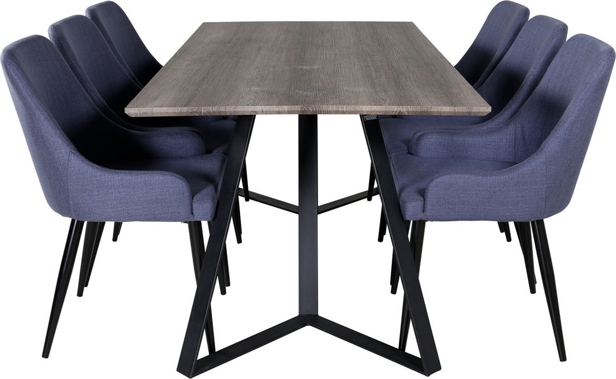 Marinagrbl Eethoek Eetkamertafel El Hout Decor Grijs En 6 Plaza Eetkamerstal Blauw, Zwart.