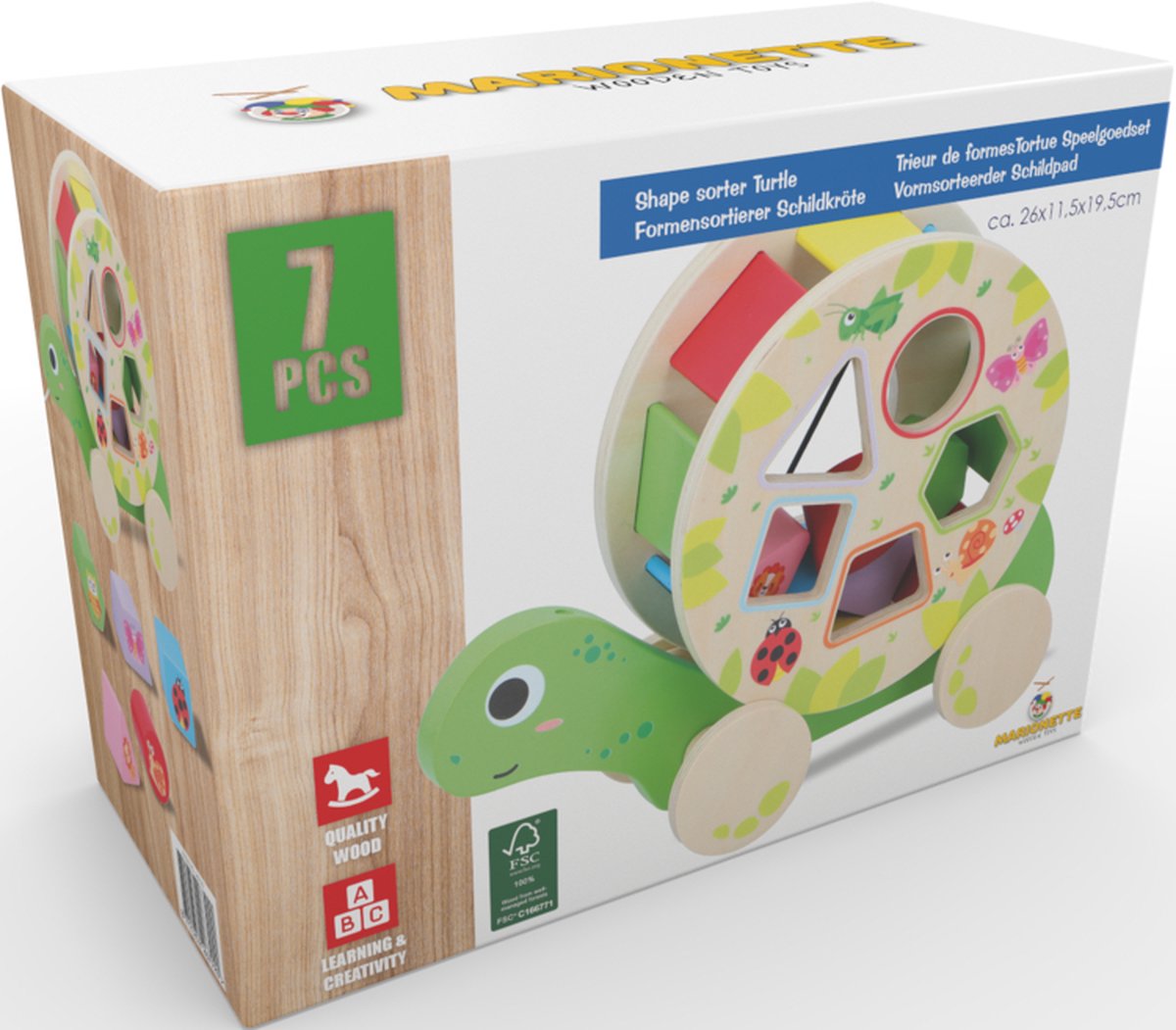 Marionette Wooden Toys Vormenstoof Schildpad - Met Wieltjes - 5 Blokken - Houten Speelgoed
