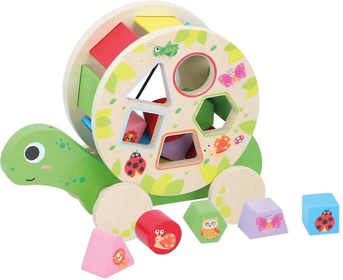 Marionette Wooden Toys Vormenstoof Schildpad - Met Wieltjes - 5 Blokken - Houten Speelgoed
