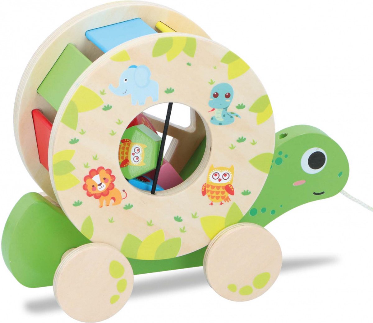 Marionette Wooden Toys Vormenstoof Schildpad - Met Wieltjes - 5 Blokken - Houten Speelgoed