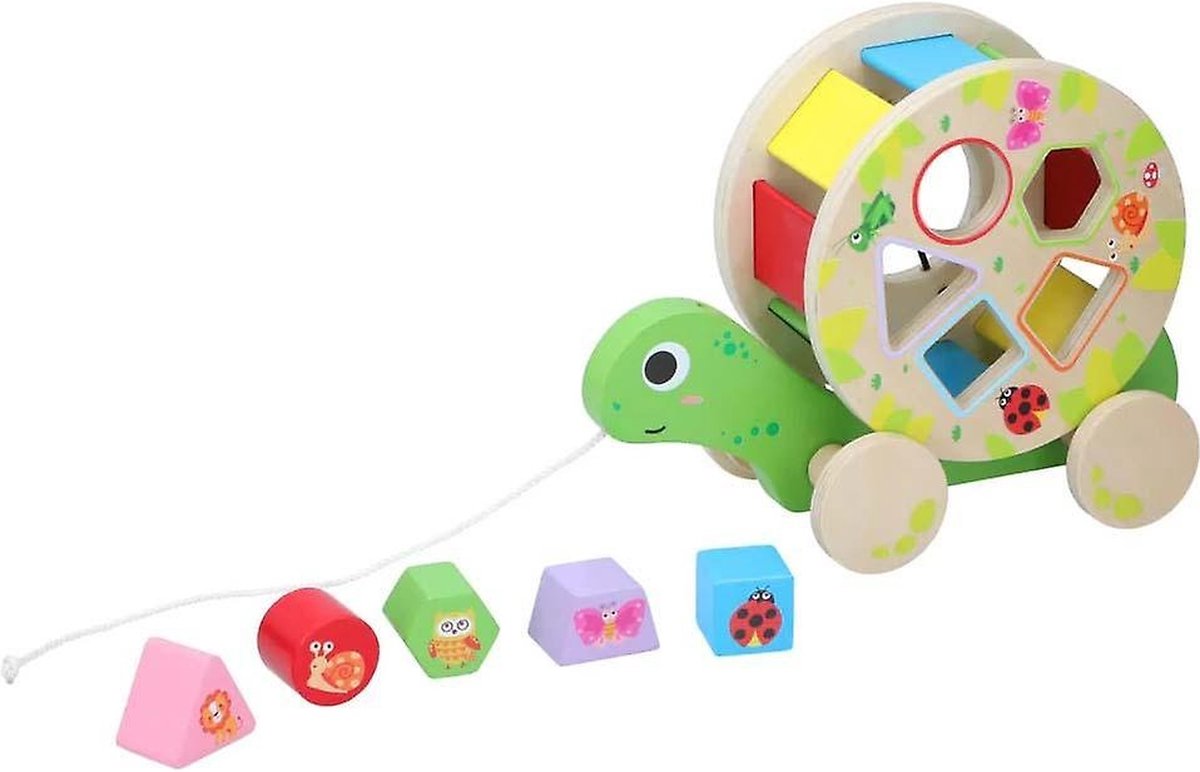 Marionette Wooden Toys Vormenstoof Schildpad - Met Wieltjes - 5 Blokken - Houten Speelgoed