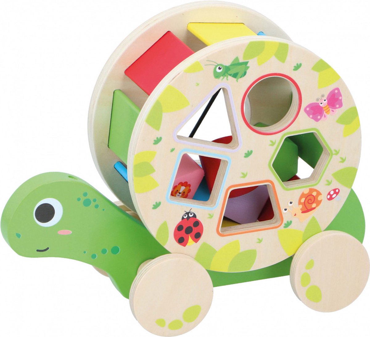 Marionette Wooden Toys Vormenstoof Schildpad - Met Wieltjes - 5 Blokken - Houten Speelgoed