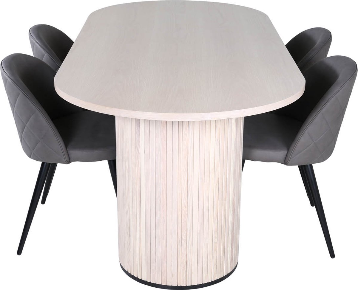 Biancaww Eethoek Eetkamertafel Eik Fineer Wit Washed En 4 Velvet Stitches Eetkamerstal. - Grijs