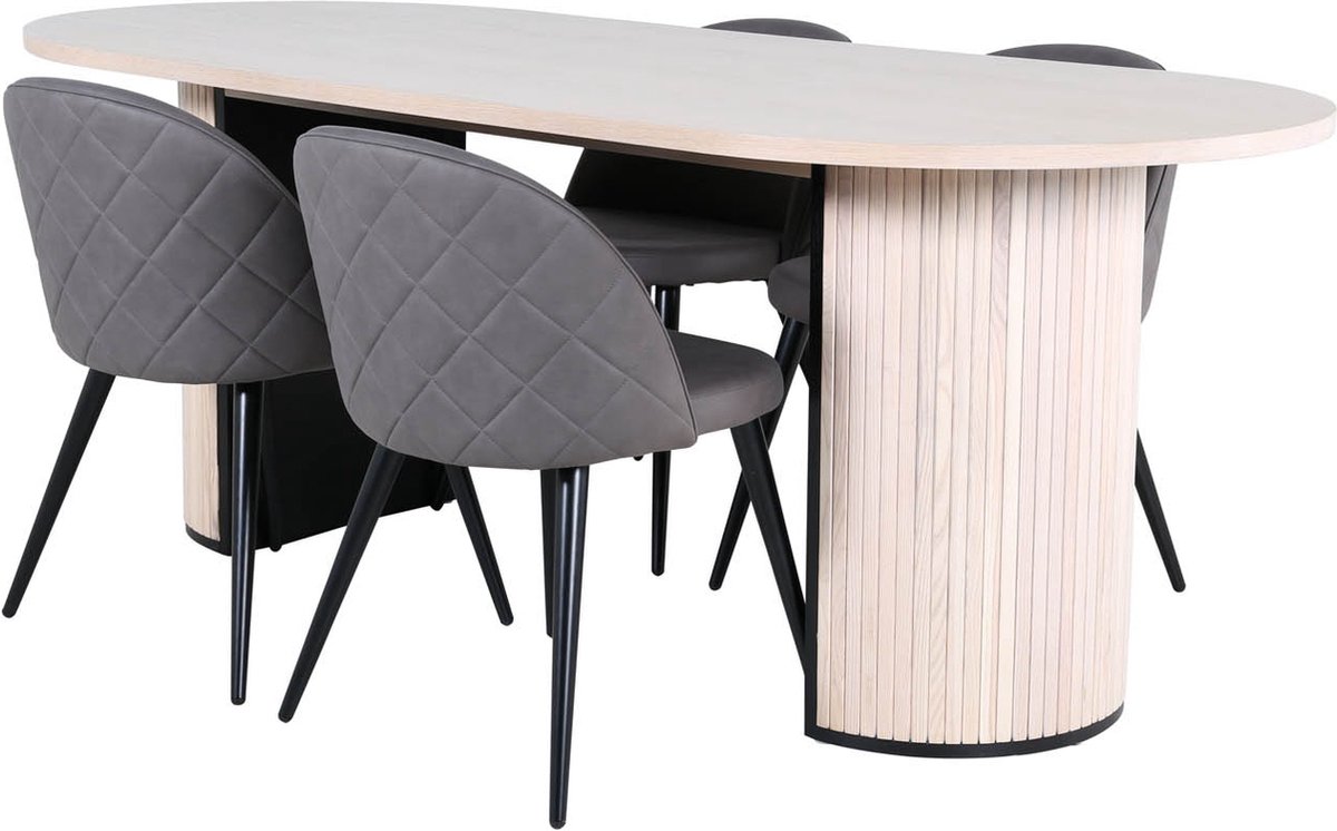 Biancaww Eethoek Eetkamertafel Eik Fineer Wit Washed En 4 Velvet Stitches Eetkamerstal. - Grijs