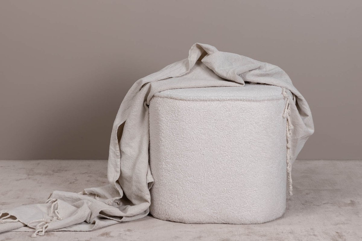 Piff Poef, Hocker Ø44cm Teddystof Wit.