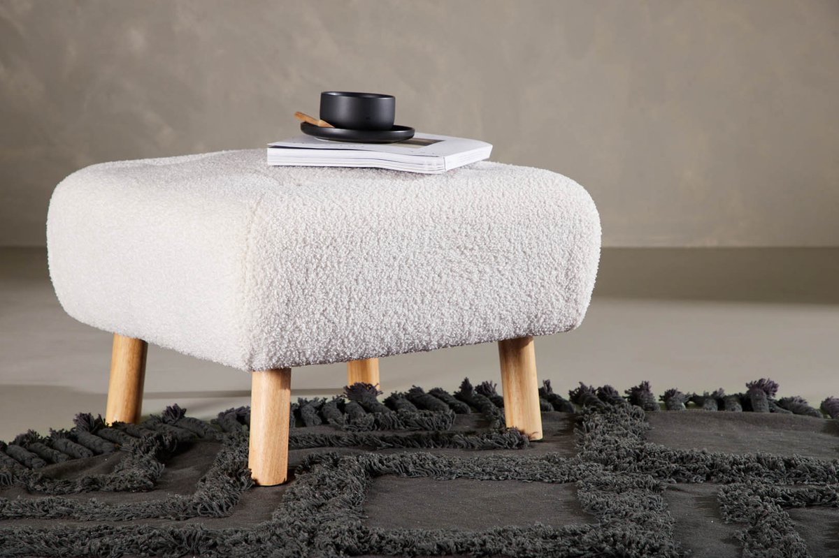 Salina Poef, Hocker Teddystof Naturel, Wit.