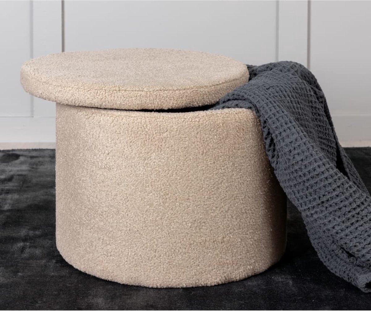 Dunken Poef, Hocker Met Opbergruimte Ø51cm Teddystof. - Beige