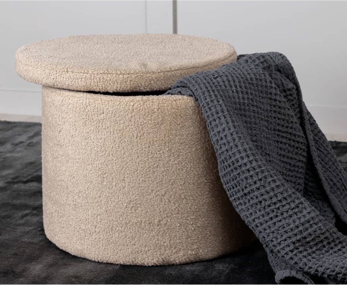 Dunken Poef, Hocker Met Opbergruimte Ø51cm Teddystof. - Beige