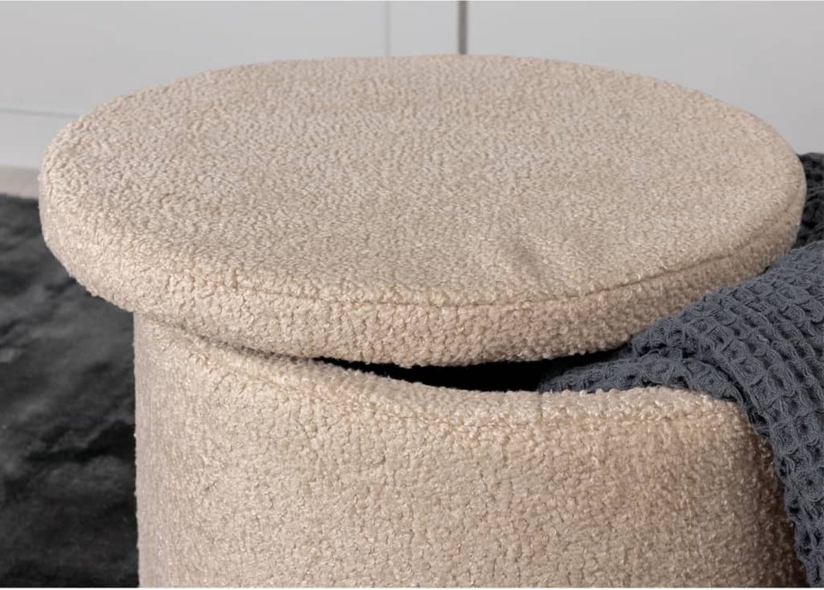 Dunken Poef, Hocker Met Opbergruimte Ø51cm Teddystof. - Beige