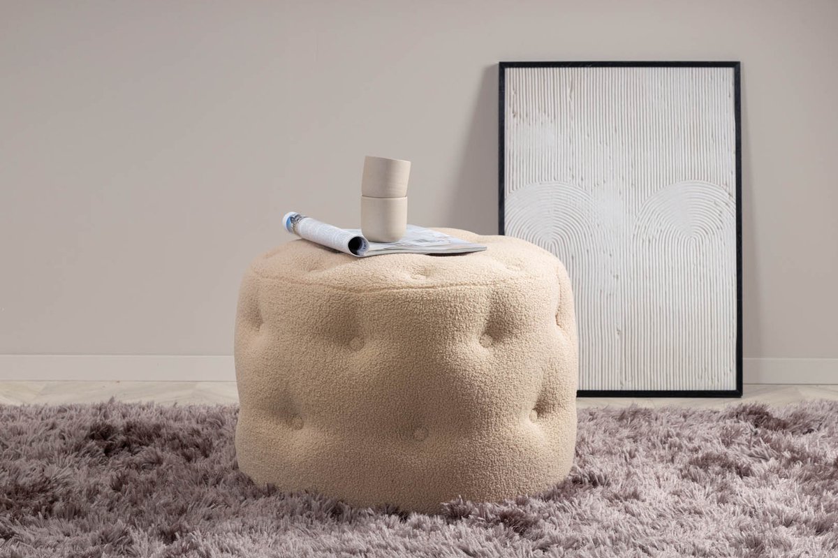 Benjamin Poef, Hocker Ø55cm Teddystof. - Beige