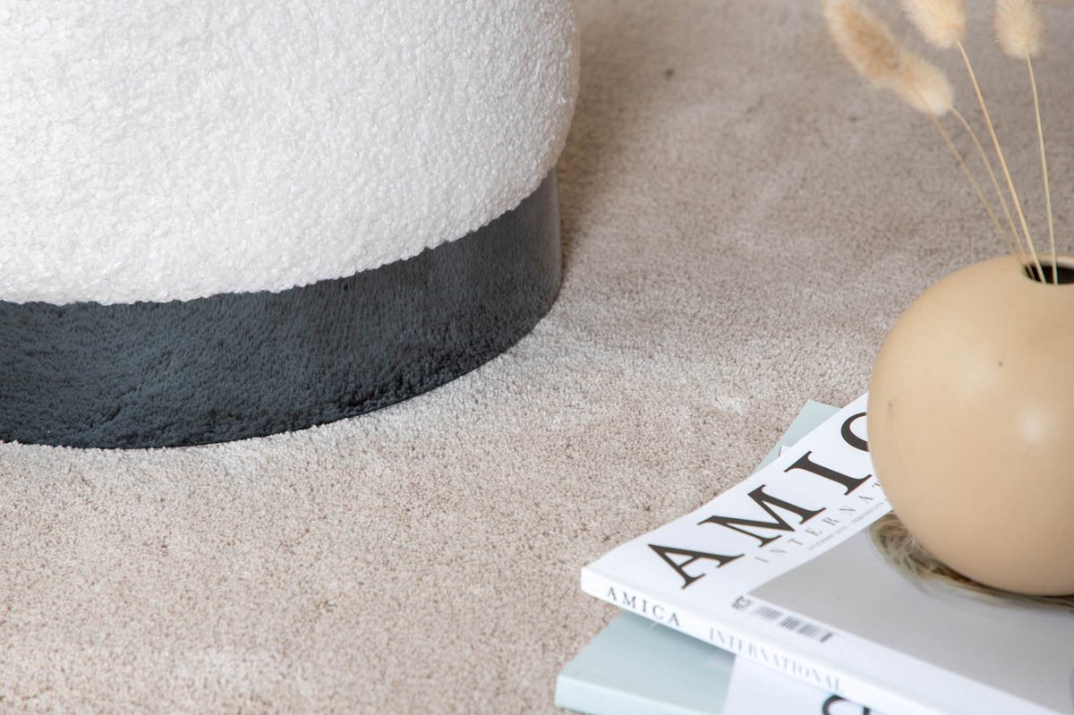 Benji Poef, Hocker Ø35cm Teddystof, Wit. - Zwart