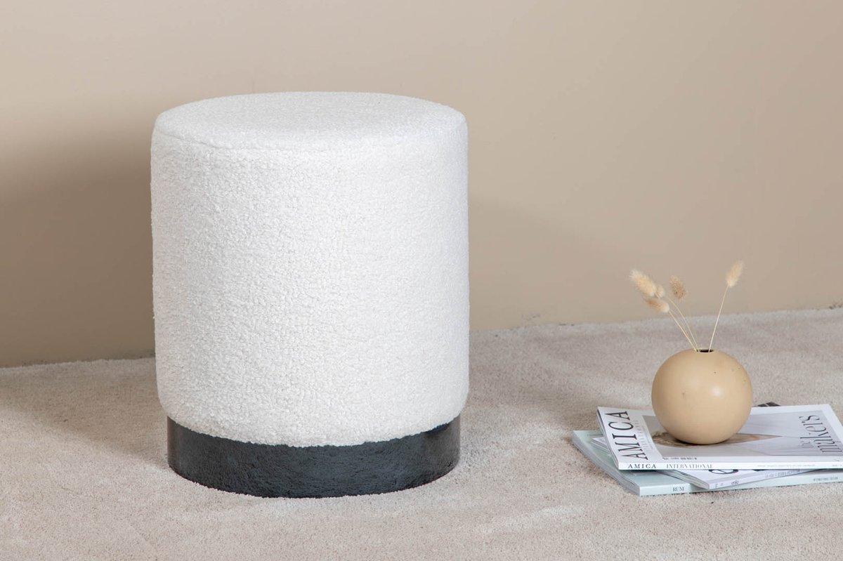 Benji Poef, Hocker Ø35cm Teddystof, Wit. - Zwart