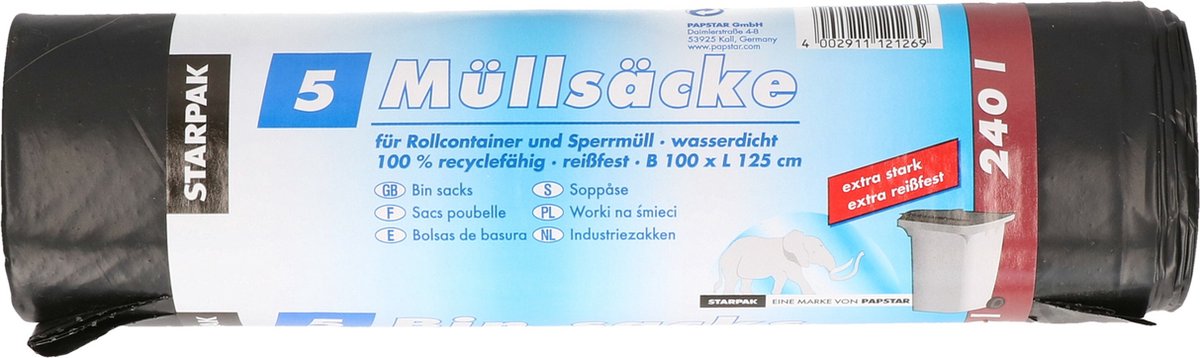 Papstar 10x Stuks Afvalzakken/vuilniszakken - 240 Liter - Extra Stevig - Containerzakken - Vuilniszakken - Zwart