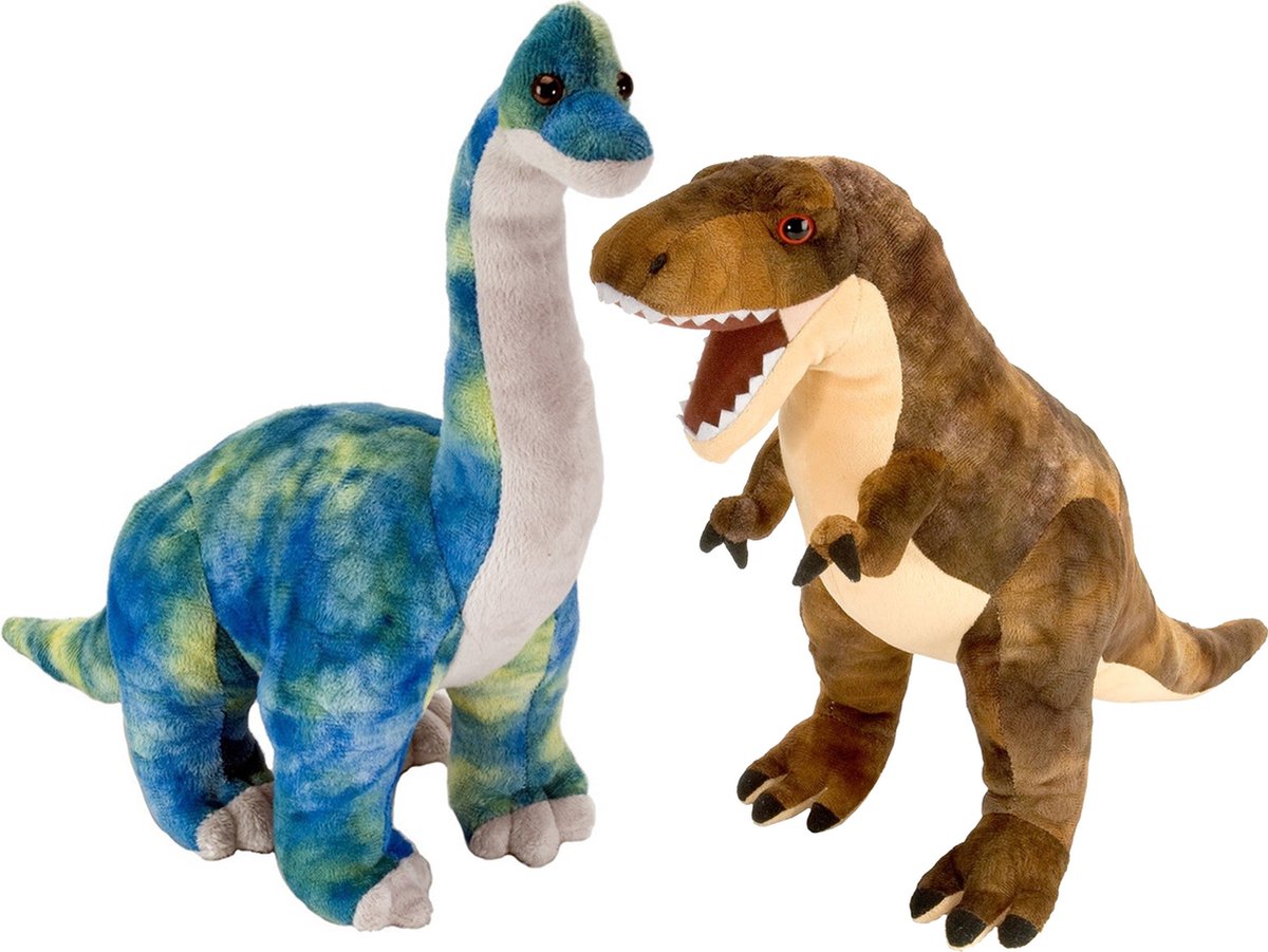 Wild Republic Setje Van 2x Dinosaurus Knuffels T-rex En Brachiosaurus Van 25 Cm - Knuffeldier - Bruin