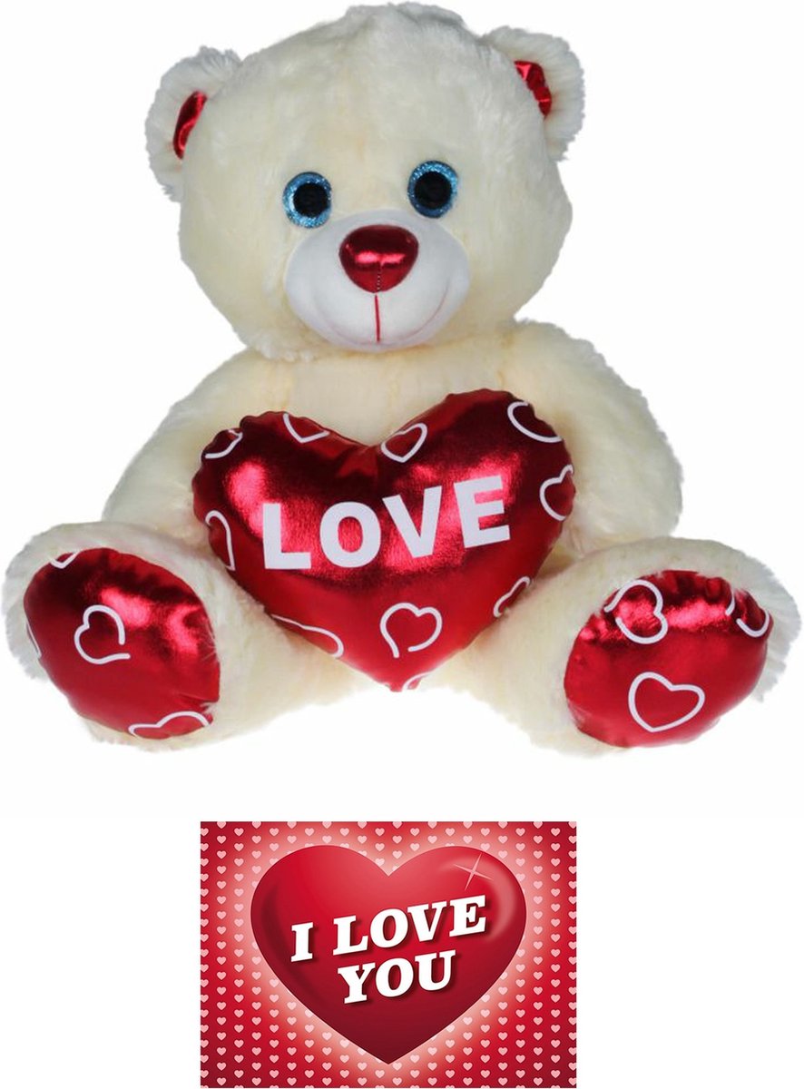 Pluche Knuffelbeer 70 Cm Met Wit/rood Valentijn Love Hartje Incl. Hartjes Wenskaart - Knuffelberen