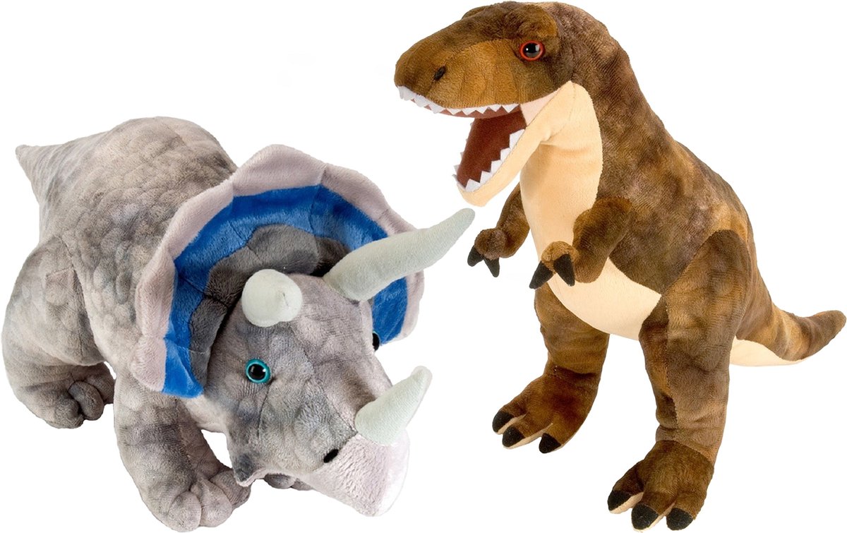 Wild Republic Setje Van 2x Dinosaurus Knuffels T-rex En Triceratops Van 25 Cm - Knuffeldier - Bruin