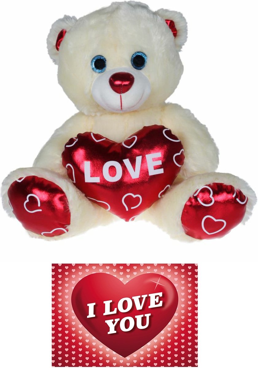 Pluche Knuffelbeer 60 Cm Met Wit/rood Valentijn Love Hartje Incl. Hartjes Wenskaart - Knuffelberen