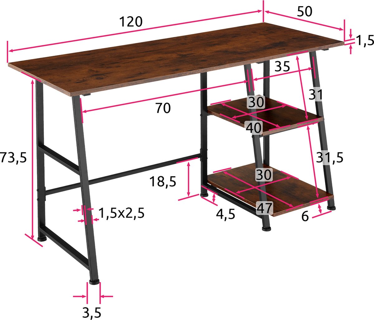 Tectake - Bureau Paisley 120x50x73,5cm - Indrustrieel Donker - 404696 - Bruin
