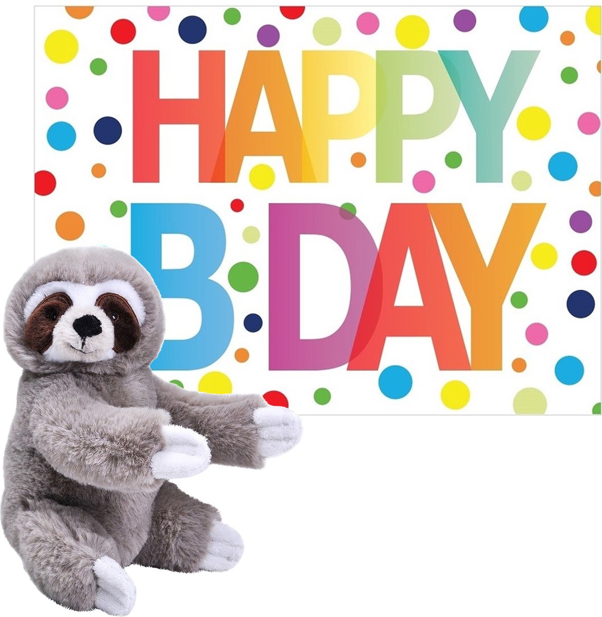 Wild Republic Pluche Dieren Knuffel Luiaard 25cm Met Happy Birthday Wenskaart - Knuffeldier - Grijs