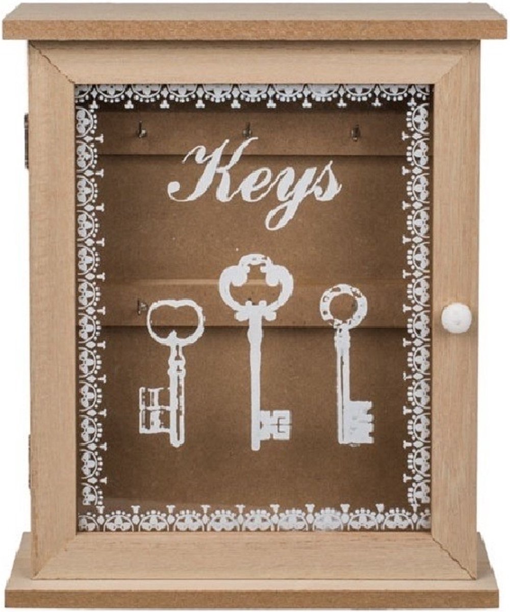 Houten Sleutelkastje Met 10x Stuks Sleutellabels - 22 X 27 Cm - Sleutelkluisjes - Bruin