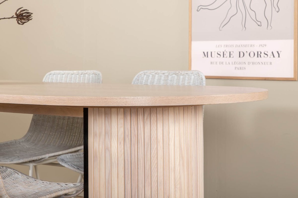 Biancaww Eethoek Eetkamertafel Eik Fineer Wit Washed En 4 Cirebon Eetkamerstal Rotan Whitewash. - Grijs