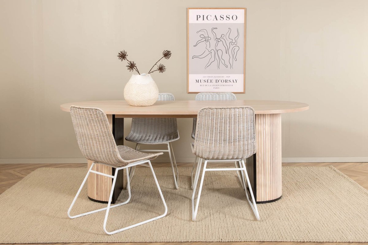 Biancaww Eethoek Eetkamertafel Eik Fineer Wit Washed En 4 Cirebon Eetkamerstal Rotan Whitewash. - Grijs