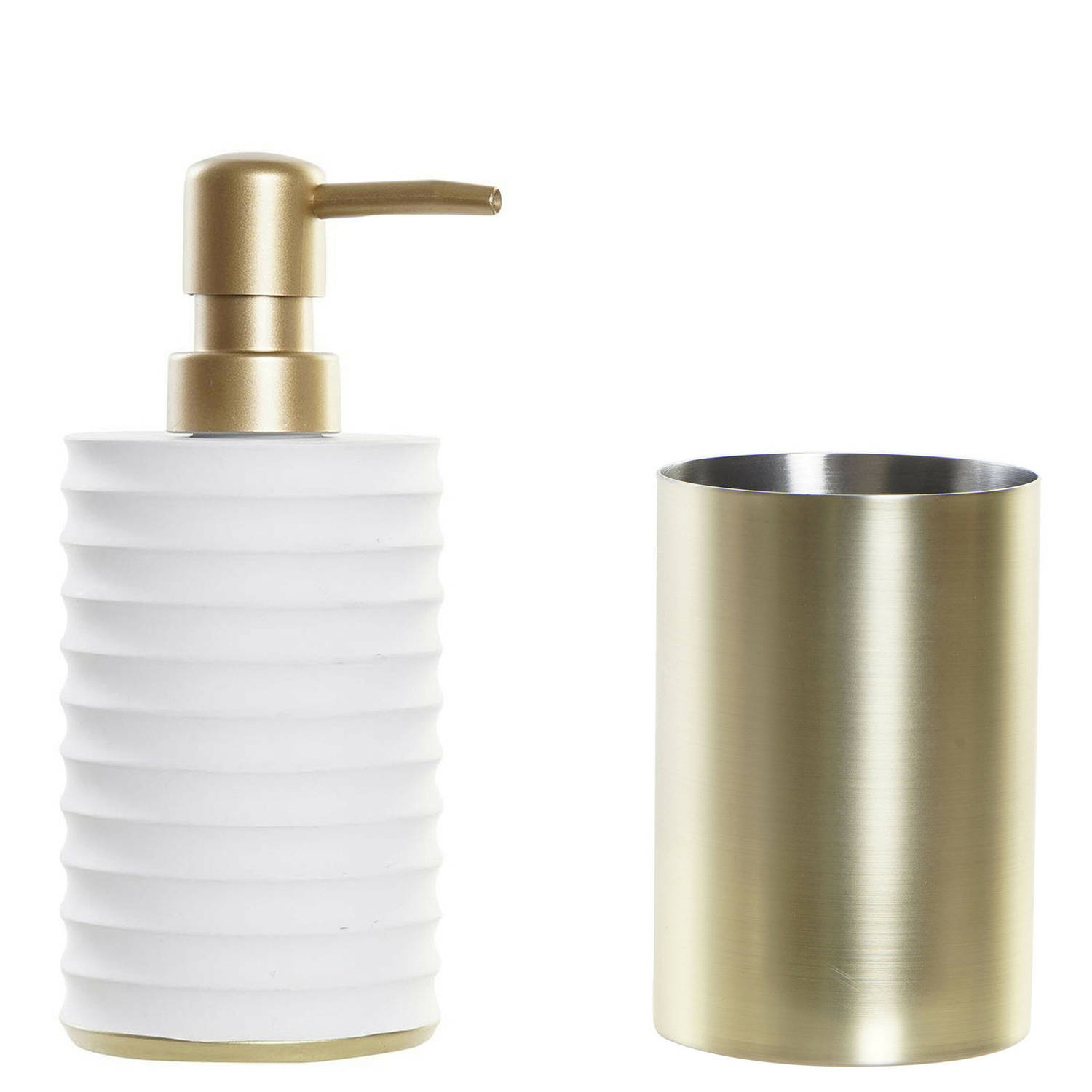 Items Badkamer Accessoires Setje Drinkbeker En Zeeppompje 17 Cm Wit/goud - Zeeppompjes