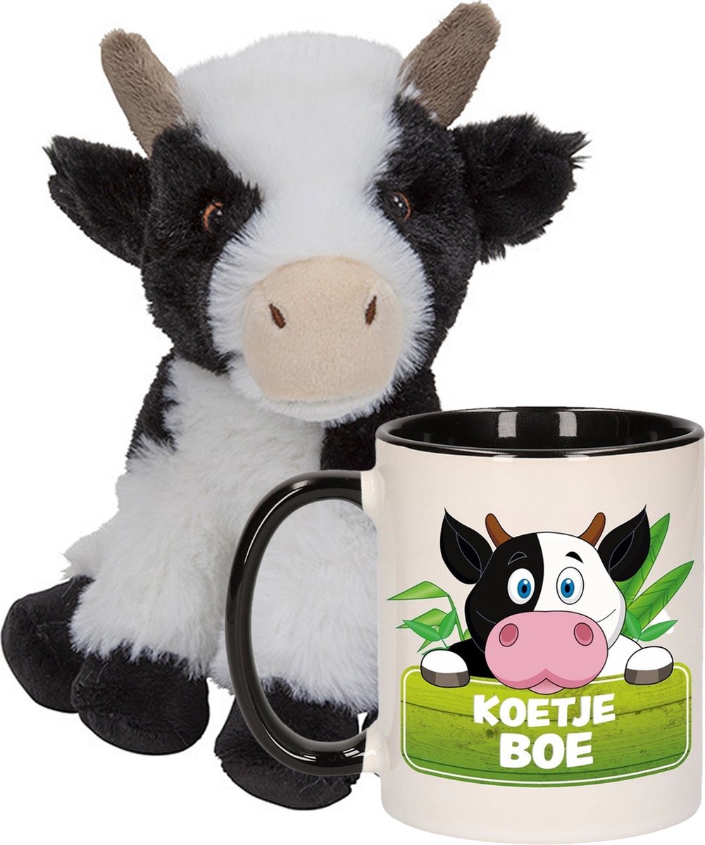 Cadeauset Kind - Koeien Knuffel 19 Cm En Drinkbeker/mok Koe 300 Ml - Knuffel Boederijdieren