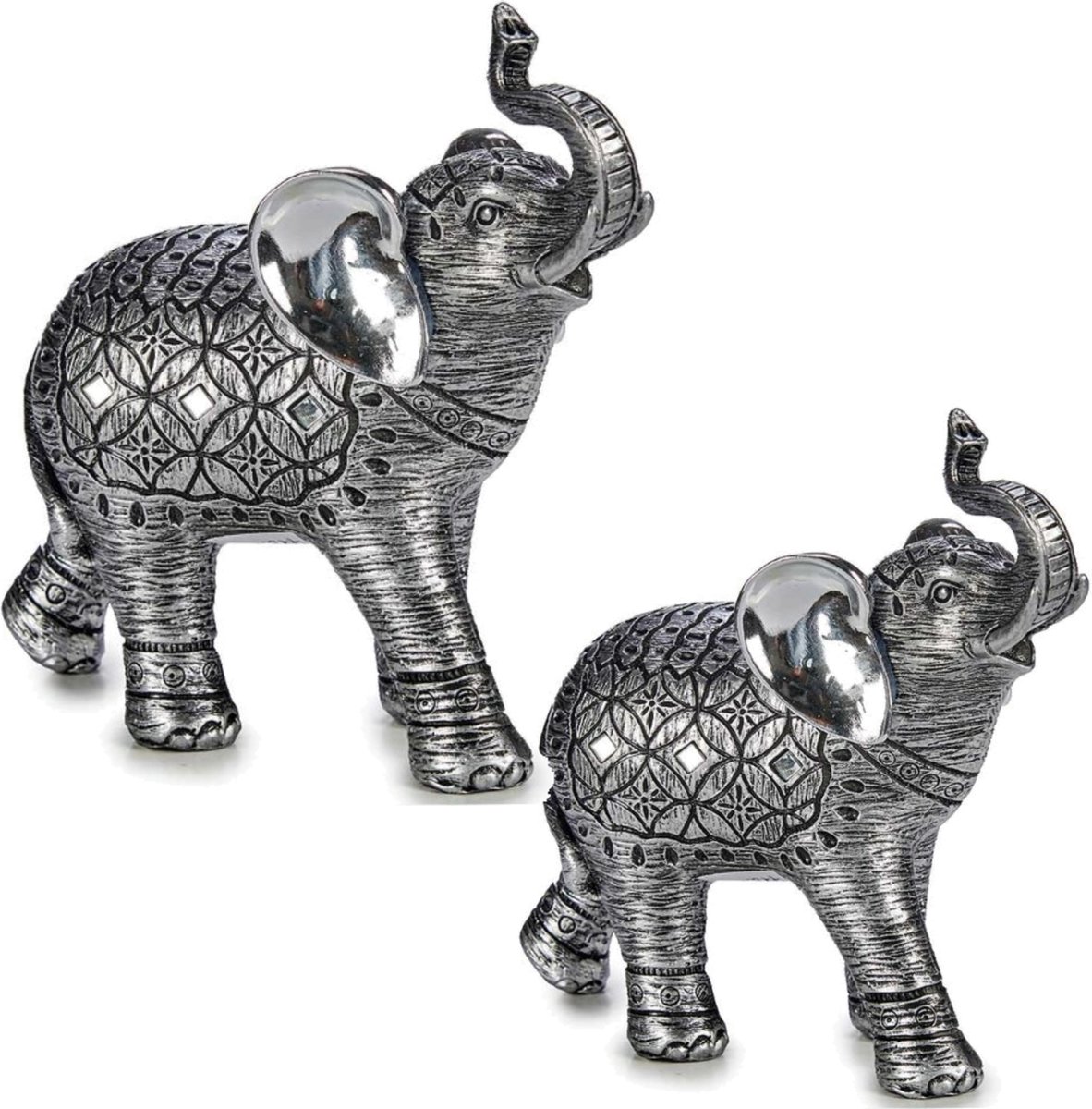 Giftdecor Olifanten Dierenbeeldjes/woondecoratie Set 2x Stuks Zilver 21 En 27 Cm - Beeldjes - Silver