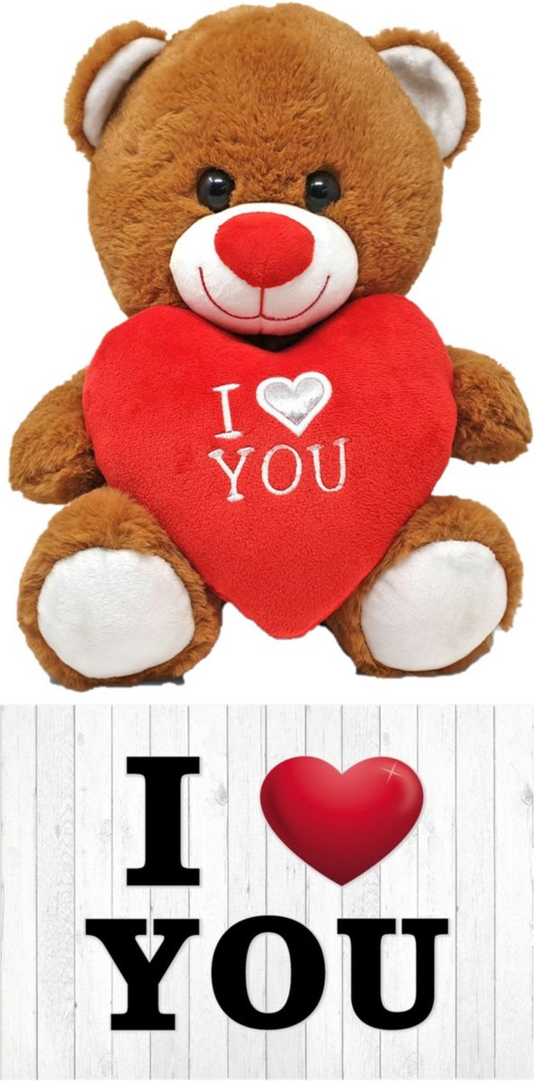 Donker Bruine Pluche Knuffelbeer 20 Cm Incl. Valentijnskaart I Love You - Knuffelberen