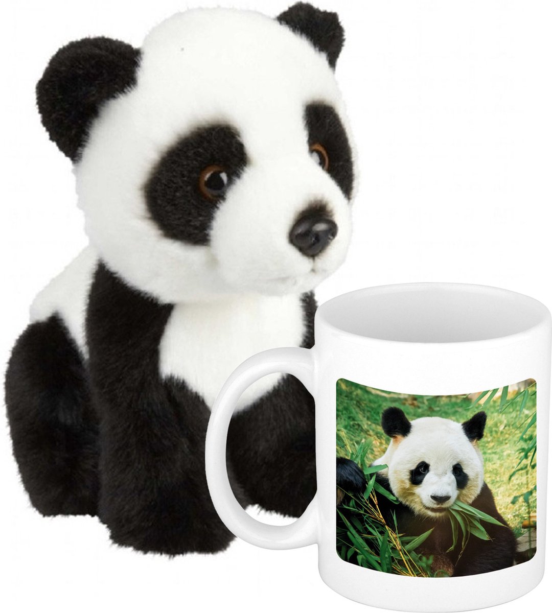 Cadeauset Kind - Panda Knuffel 18 Cm En Drinkbeker/mol Panda 300 Ml - Knuffeldier