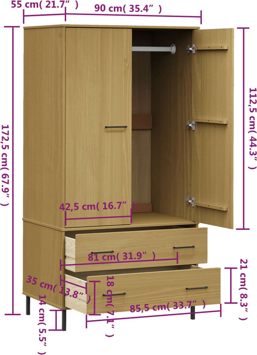 Vidaxl Kledingkast Metalen Poten Oslo 90x55x172,5 Cm Grenenhout - Bruin