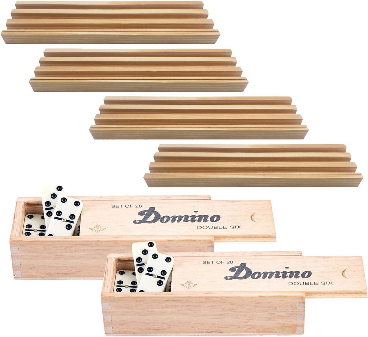 Engelhart 4x Dominostenenhouder Met 2x Domino Spel In Houten Doos 56x Stenen - Speelkaarthouders - Bruin