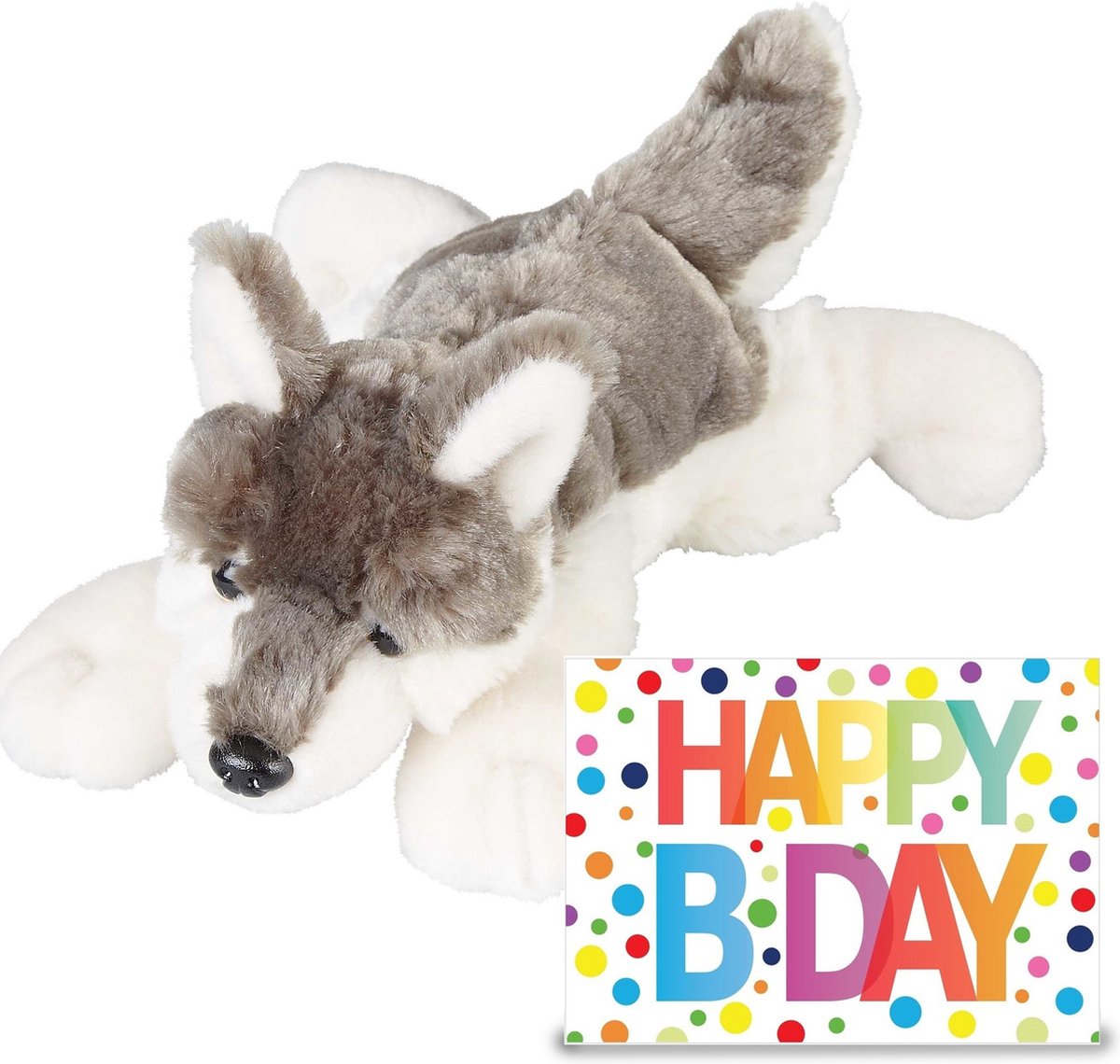 Verjaardag Cadeau Wolf 25 Cm Met Xl Happy Birthday Wenskaart - Knuffeldier