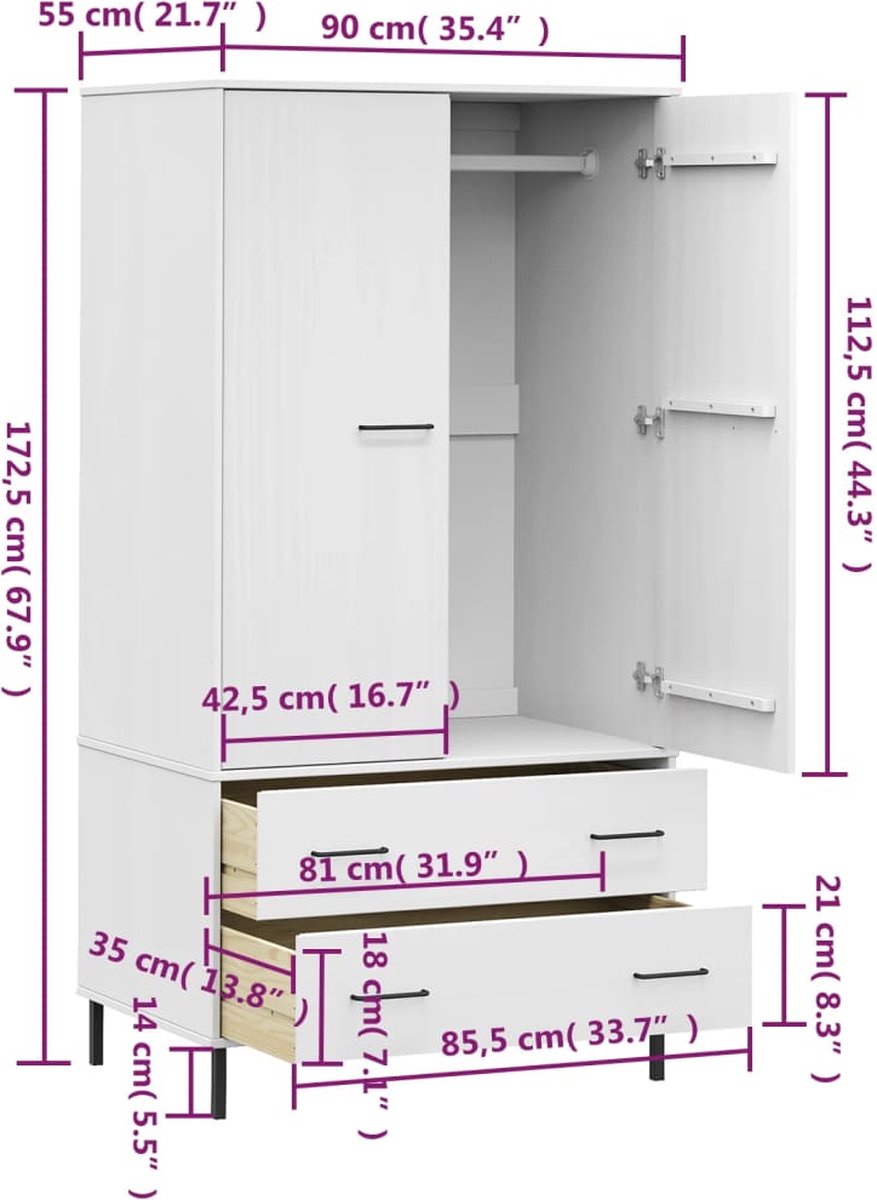 Vidaxl Kledingkast Met Metalen Poten Oslo 90x55x172,5 Cm Hout Wit