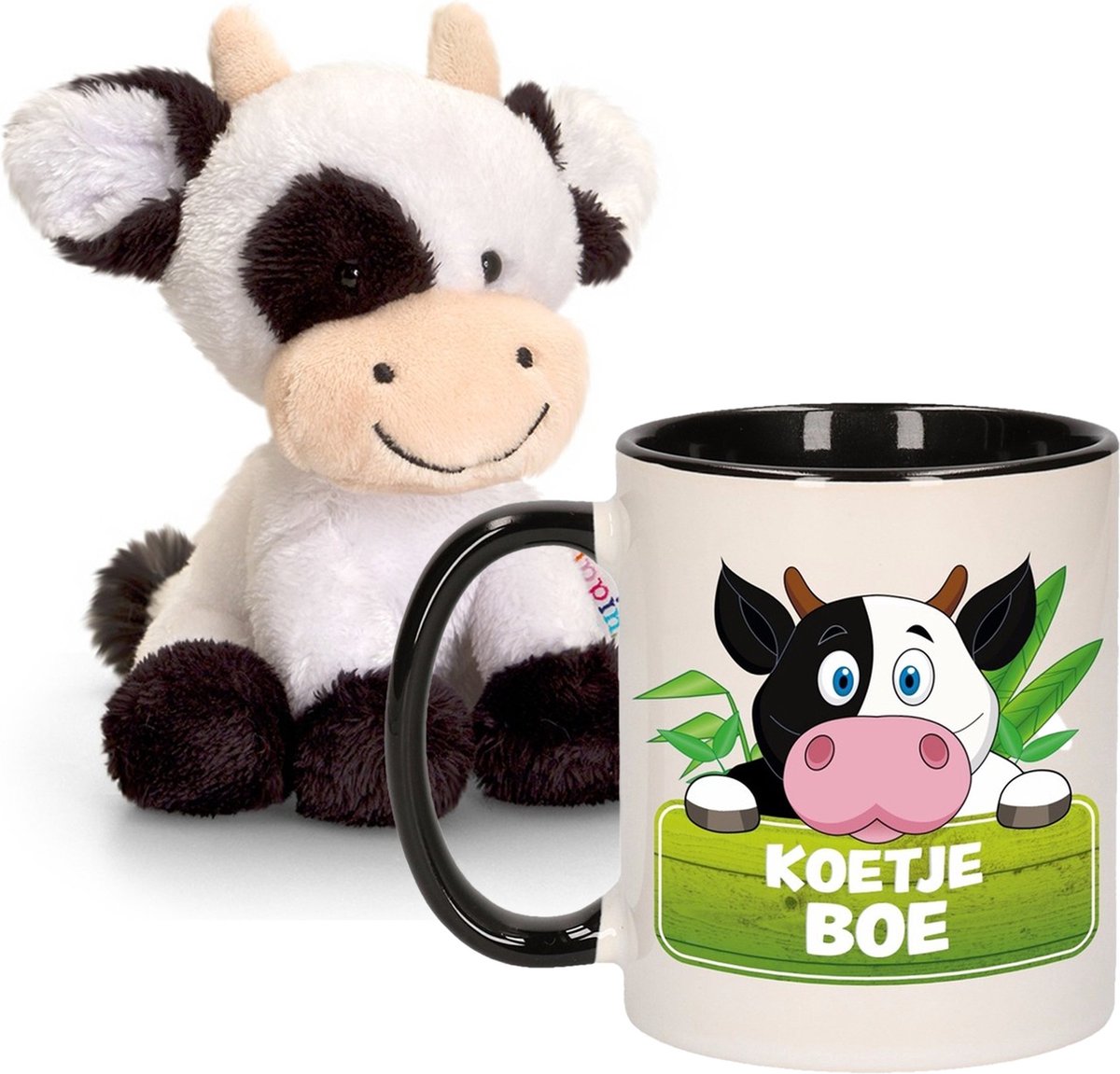 Keel Toys Cadeau Set Kind - Koeien Knuffel 14 Cm En Drinkbeker/mok Koe 300 Ml - Knuffel Boederijdieren