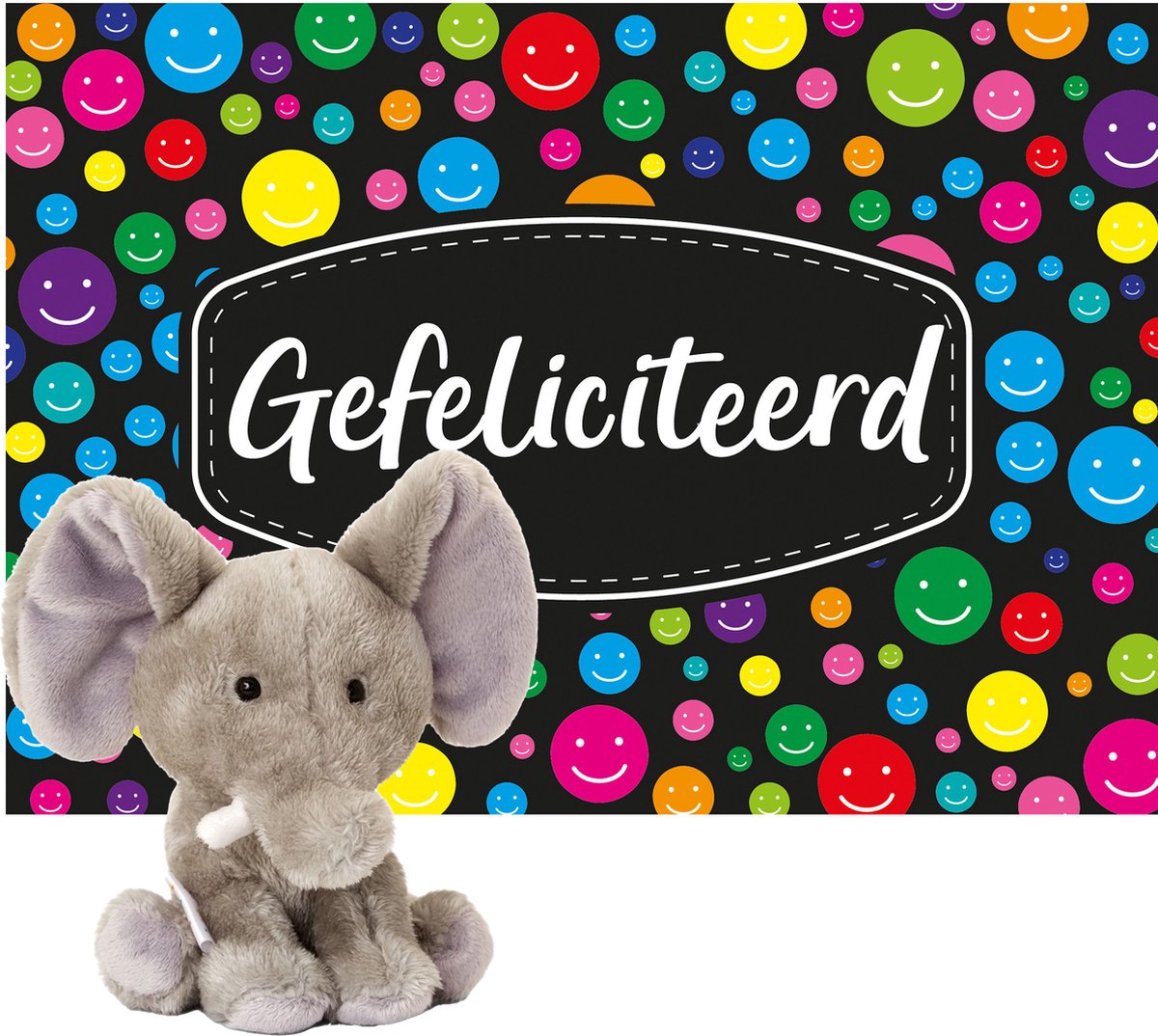 Keel Toys Pluche Olifant Knuffel 14 Cm Met Gefeliciteerd A5 Wenskaart - Knuffeldier - Grijs