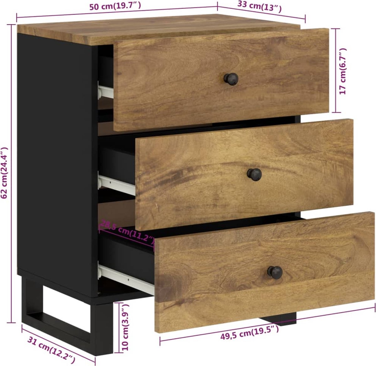 Vidaxl Nachtkastje 50x33x62 Cm Massief Mangohout En Bewerkt Hout - Bruin