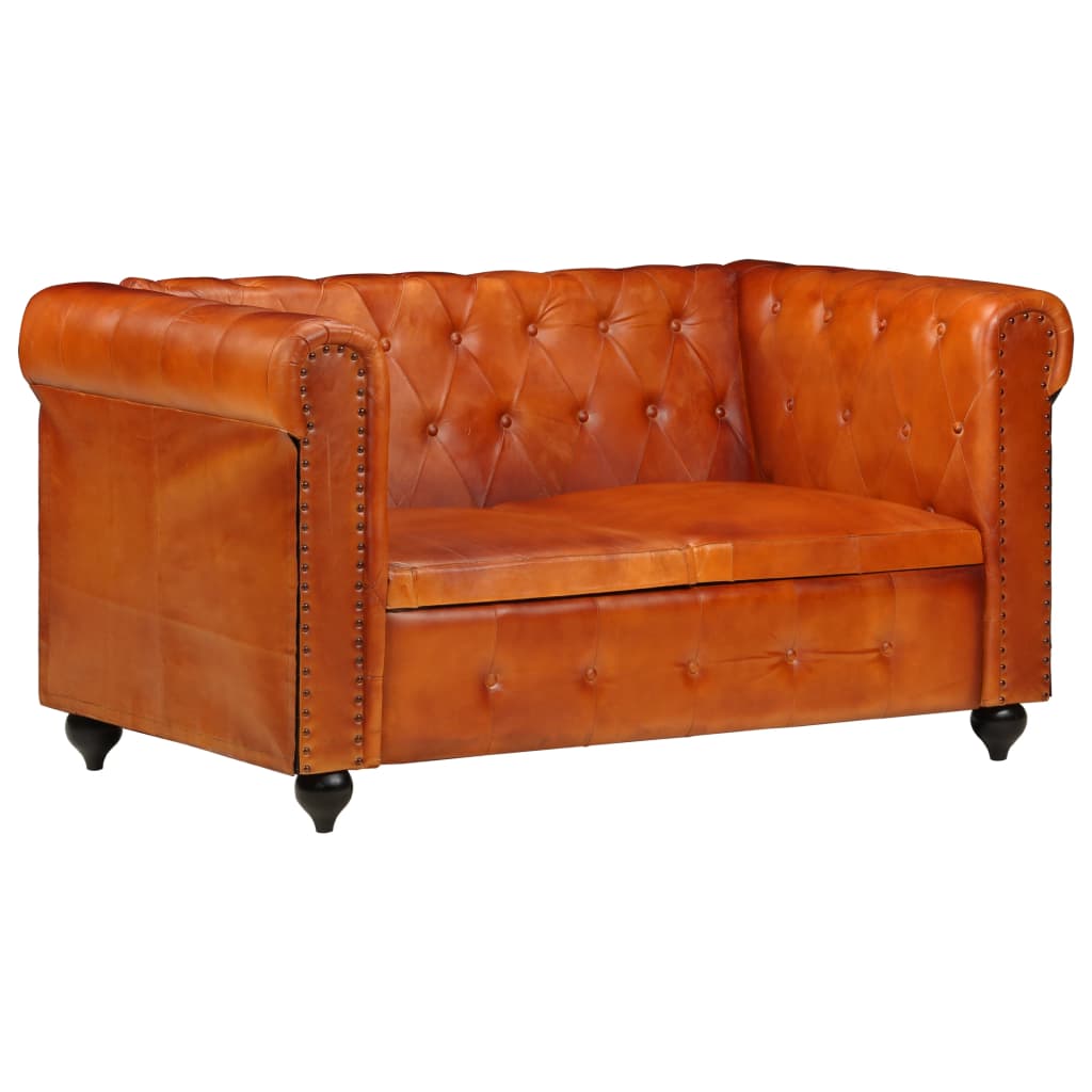 vidaXL Tweezitsbank Chesterfield-stijl echt leer tan - Marrón