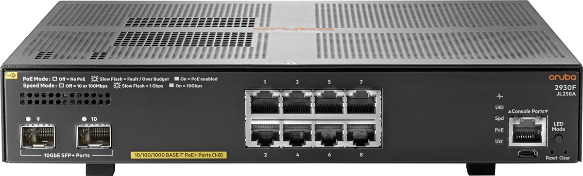 Hewlett Packard Enterprise Aruba 2930F 8G PoE+ 2SFP+ Managed L3 Gigabit Ethernet (10/100/1000) 1U Power over Ethernet (PoE) - Grijs