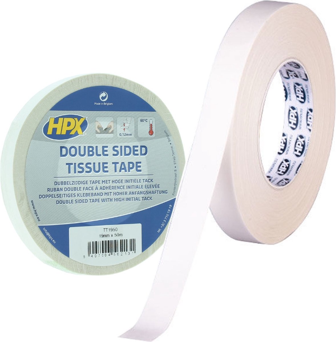 HPX Dubbelzijdige tissue tape | Wit | 19mm x 50m - TT1950