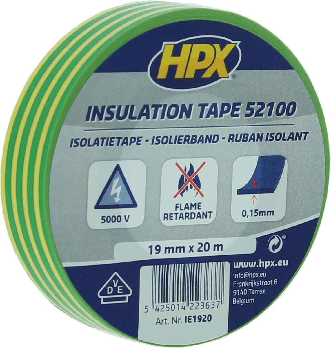 HPX PVC isolatietape VDE | Geel/Groen | 19mm x 20m - IE1920