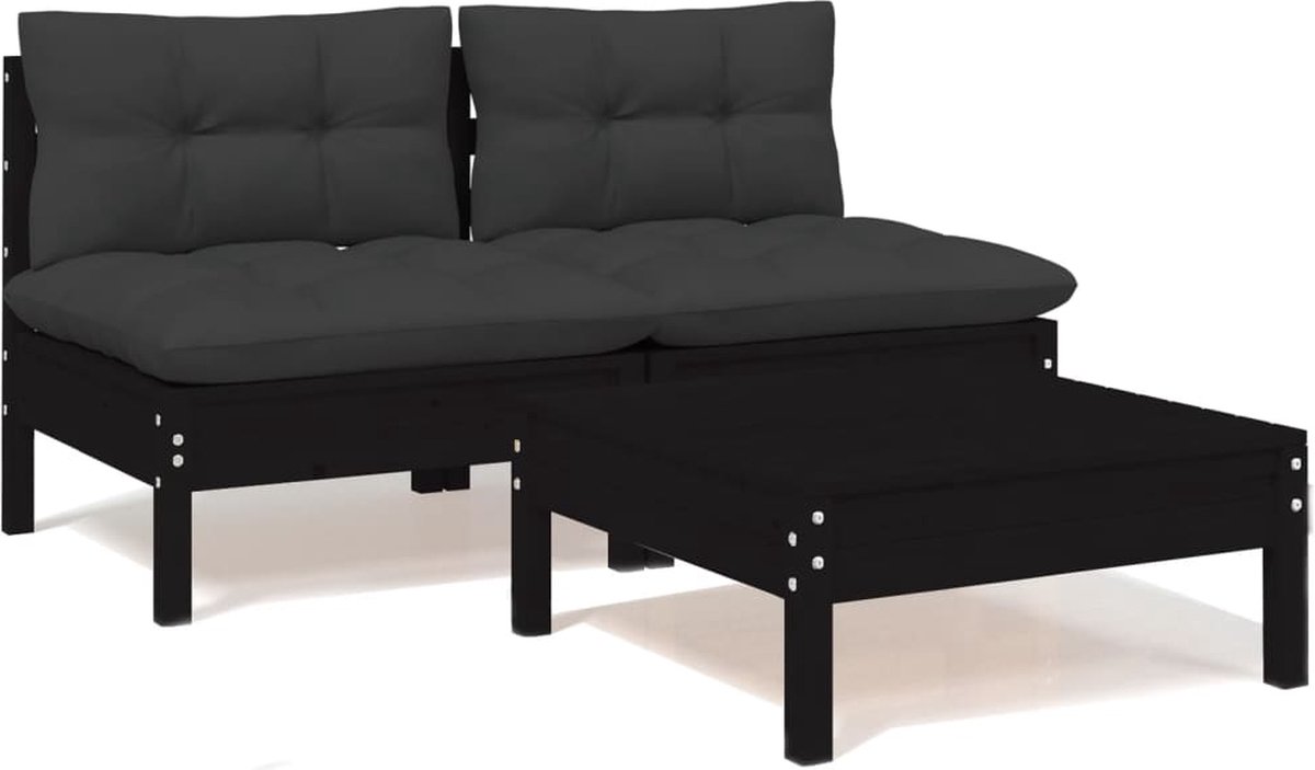 Vidaxl 3-delige Loungeset Met Antracietkleurige Kussens Grenenhout - Zwart