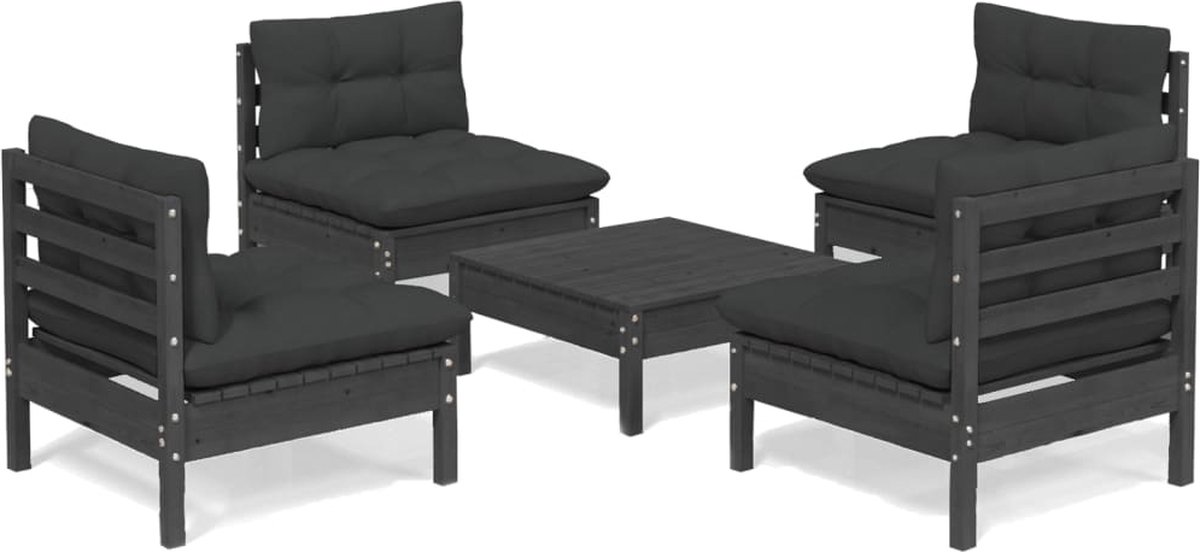 Vidaxl 5-delige Loungeset Met Antracietkleurige Kussens Grenenhout - Zwart