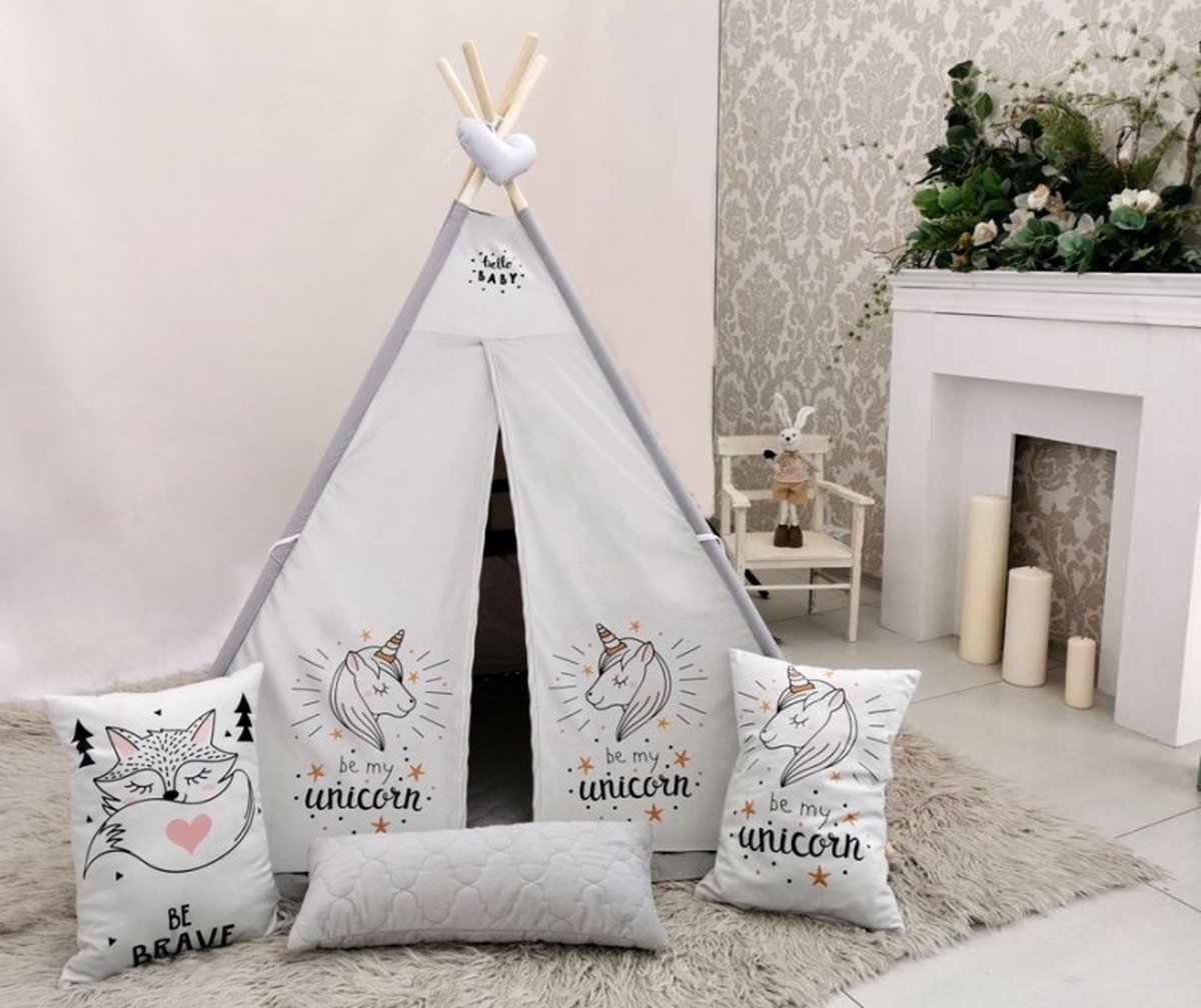 Luxe Handgemaakte Unicorn Eenhoorn Speeltent 110 X 110 X 160 Cm Inclusief 3 Kussens En Grond Kleed - Grijs