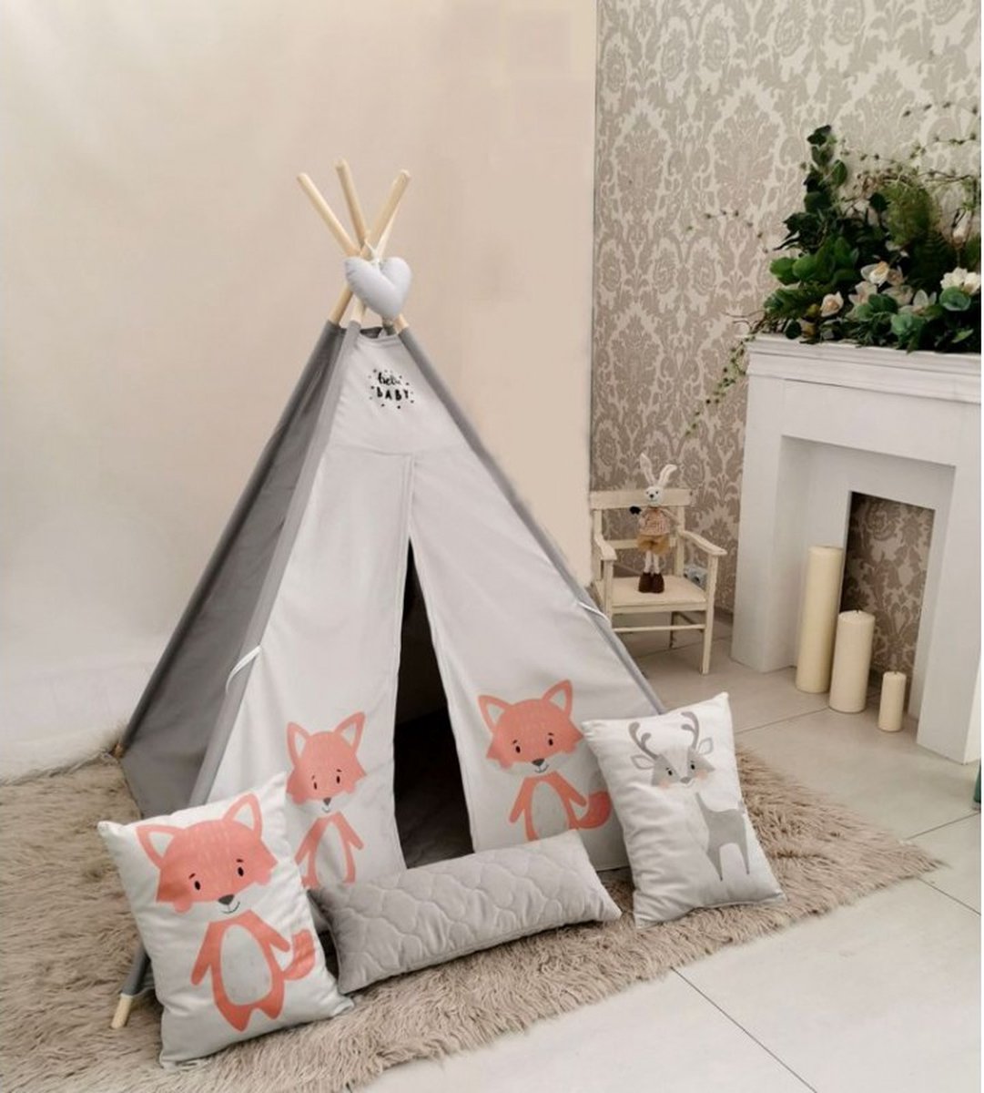 Luxe Handgemaakte Vos Fox Tipi Tent Speeltent 110 X 110 X 160 Cm - Grijs