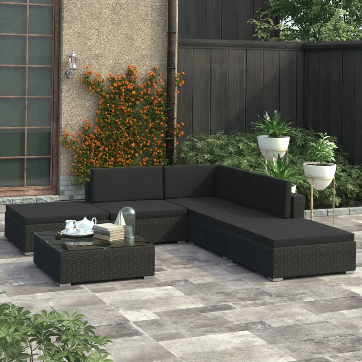 Vidaxl 6-delige Loungeset Met Kussens Poly Rattan - Zwart